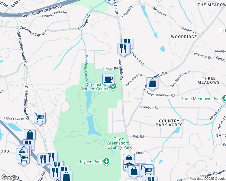 map of restaurants, bars, coffee shops, grocery stores, and more near 4301 Lawndale Drive in Greensboro