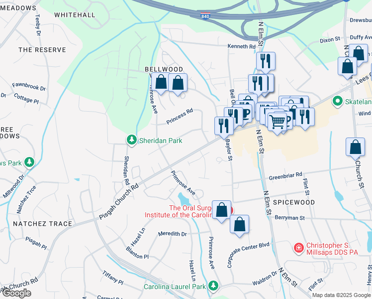 map of restaurants, bars, coffee shops, grocery stores, and more near 720 Pisgah Church Road in Greensboro