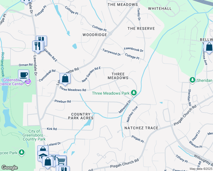 map of restaurants, bars, coffee shops, grocery stores, and more near 10 Wild Partridge Court in Greensboro