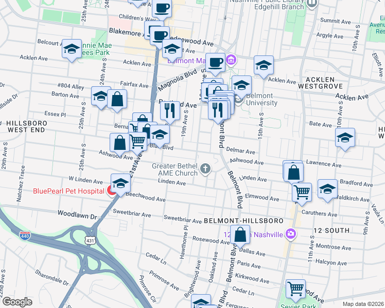 map of restaurants, bars, coffee shops, grocery stores, and more near 1716 Ashwood Avenue in Nashville