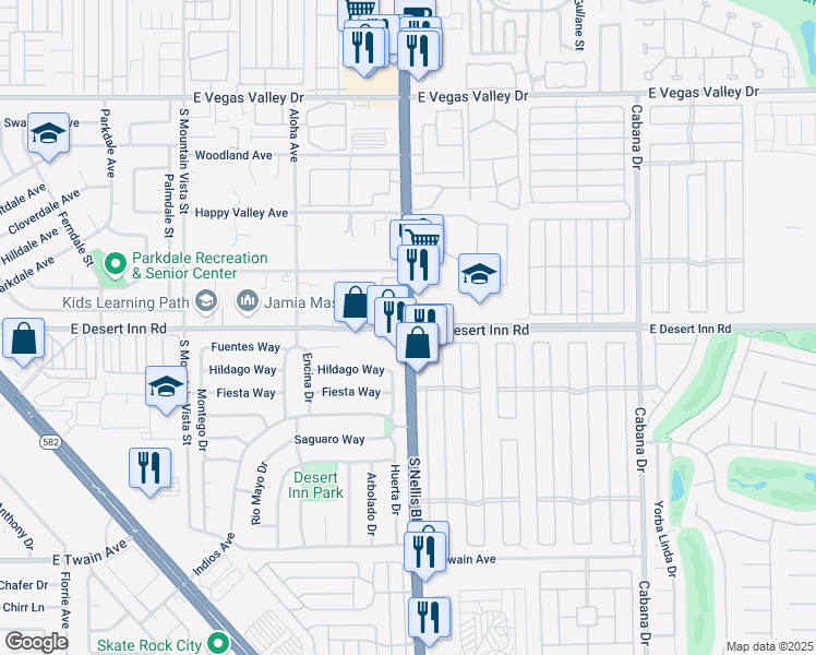 map of restaurants, bars, coffee shops, grocery stores, and more near S Nellis Blvd & E Desert Inn Rd in Sunrise Manor