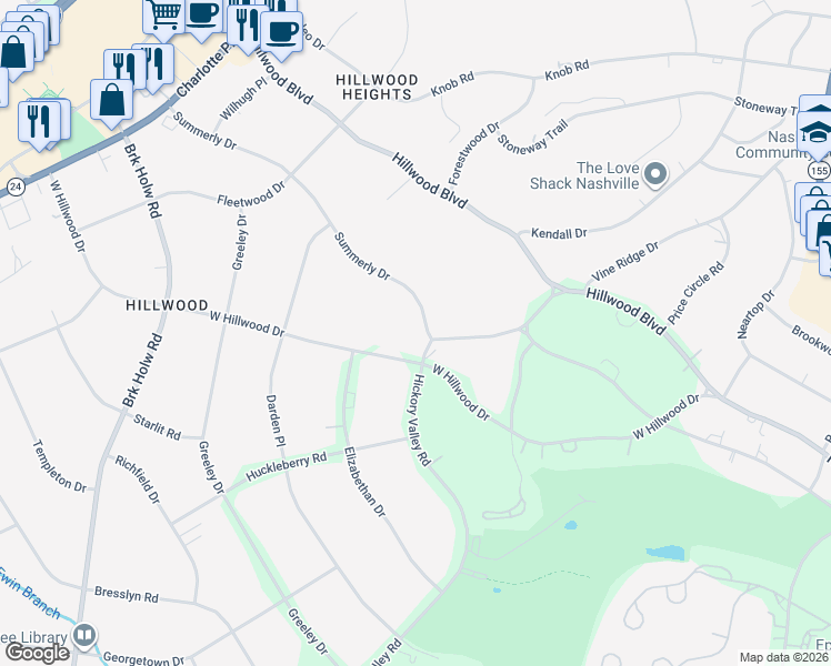 map of restaurants, bars, coffee shops, grocery stores, and more near 6012 Hickory Valley Road in Nashville