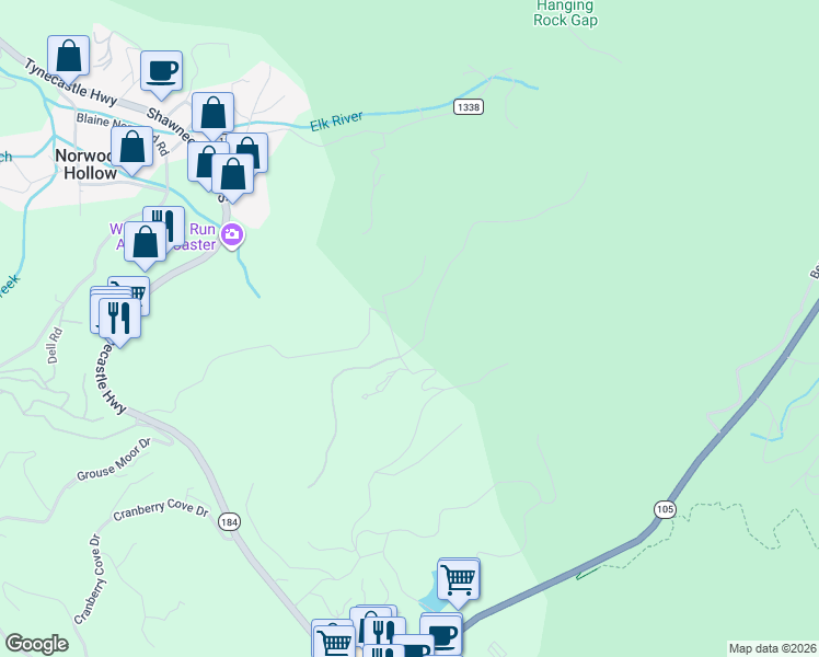 map of restaurants, bars, coffee shops, grocery stores, and more near 1 Dunvegan Road in Banner Elk