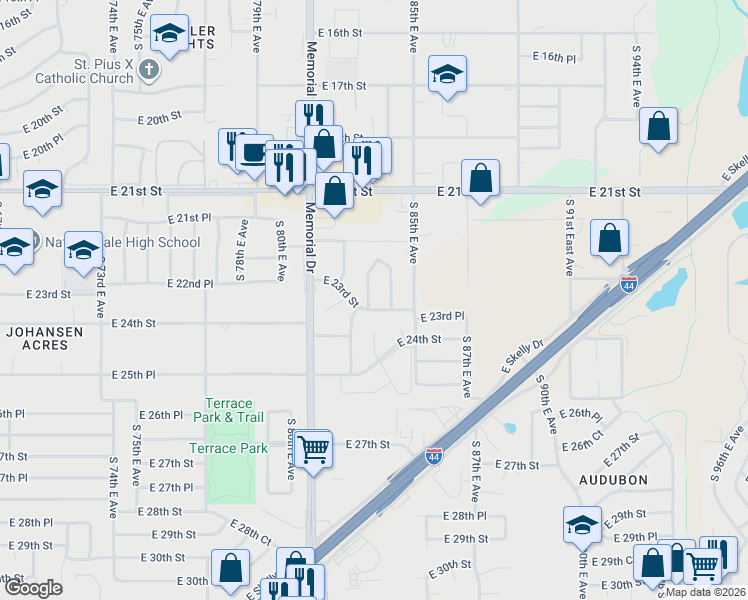 map of restaurants, bars, coffee shops, grocery stores, and more near 2317 South 83rd East Avenue in Tulsa