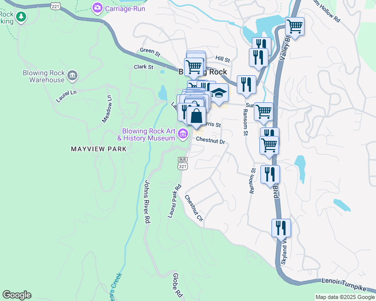 map of restaurants, bars, coffee shops, grocery stores, and more near 1304 Main Street in Blowing Rock