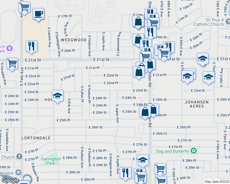 map of restaurants, bars, coffee shops, grocery stores, and more near 2405 South Irvington Avenue in Tulsa