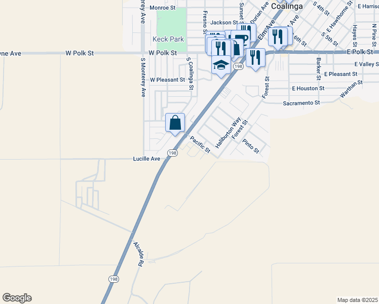 map of restaurants, bars, coffee shops, grocery stores, and more near 245 Pacific Street in Coalinga