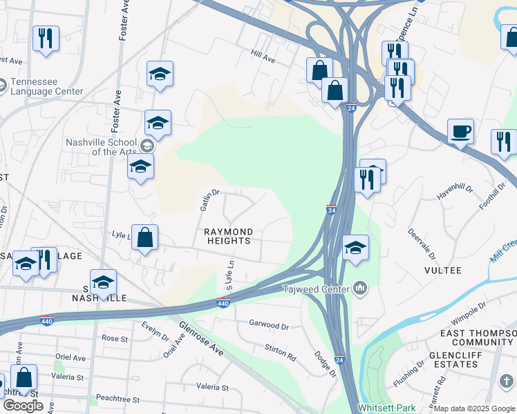 map of restaurants, bars, coffee shops, grocery stores, and more near in Nashville