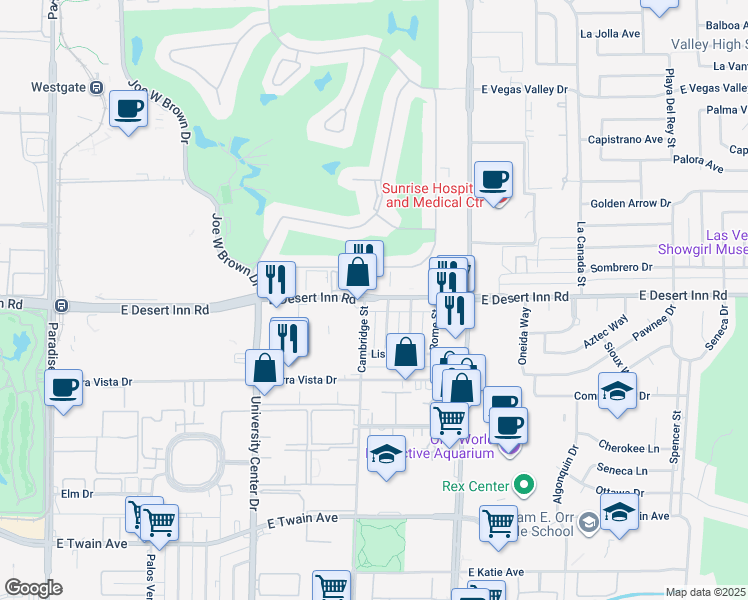 map of restaurants, bars, coffee shops, grocery stores, and more near 3333 Cambridge Street in Las Vegas