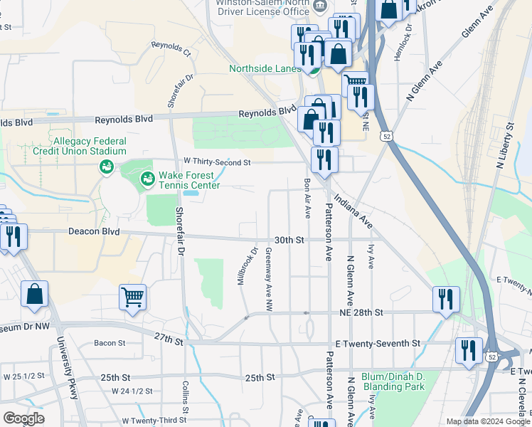map of restaurants, bars, coffee shops, grocery stores, and more near 3014 Greenway Avenue Northwest in Winston-Salem