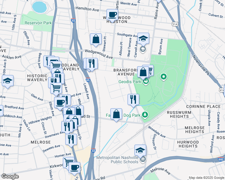 map of restaurants, bars, coffee shops, grocery stores, and more near 1216 Sycamore Road in Nashville