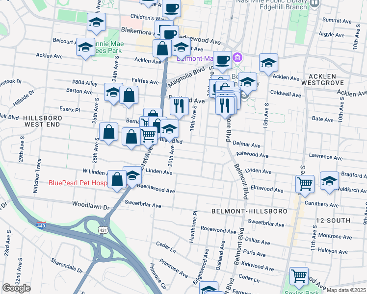 map of restaurants, bars, coffee shops, grocery stores, and more near 1808B Ashwood Avenue in Nashville