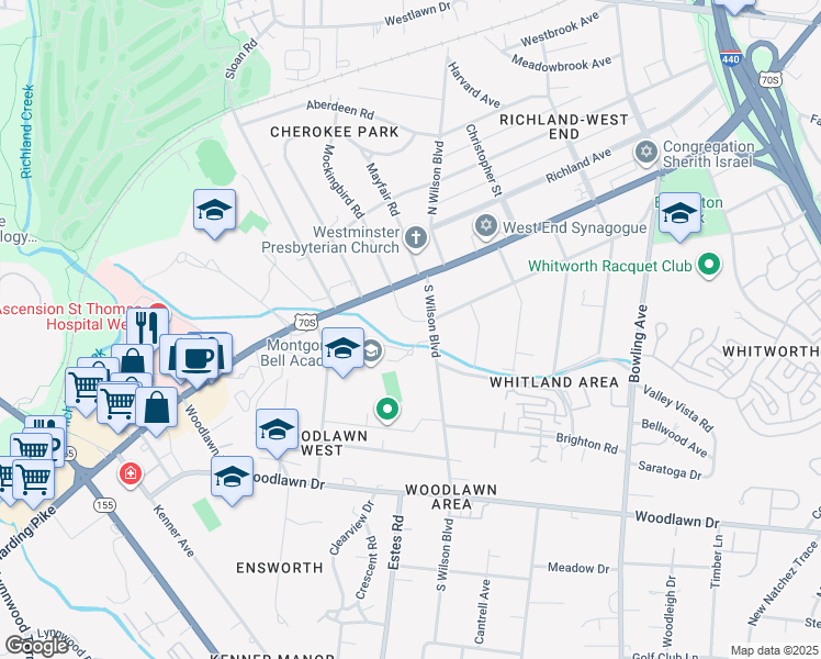 map of restaurants, bars, coffee shops, grocery stores, and more near 207 South Wilson Boulevard in Nashville