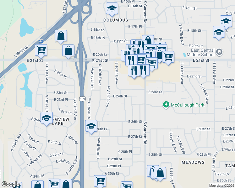 map of restaurants, bars, coffee shops, grocery stores, and more near 10911 East 25th Street in Tulsa