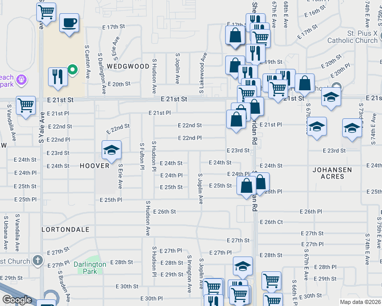 map of restaurants, bars, coffee shops, grocery stores, and more near 2405 South Irvington Avenue in Tulsa