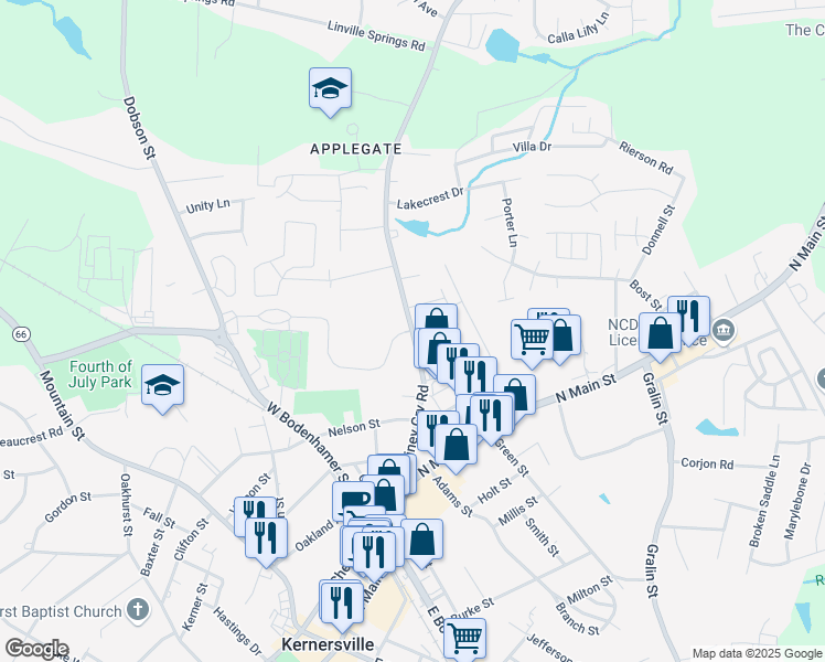 map of restaurants, bars, coffee shops, grocery stores, and more near 598 Piney Grove Road in Kernersville