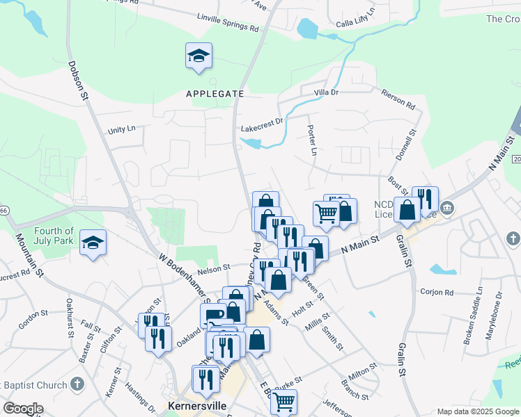 map of restaurants, bars, coffee shops, grocery stores, and more near 592 Piney Grove Road in Kernersville