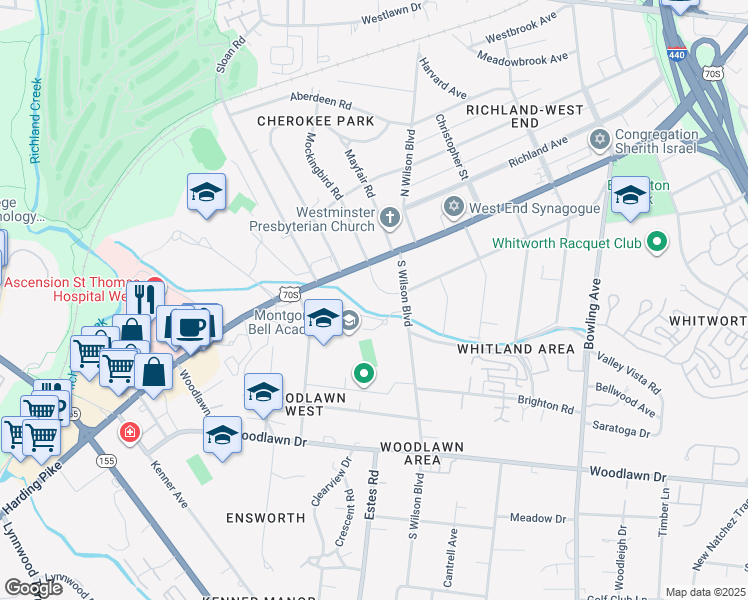 map of restaurants, bars, coffee shops, grocery stores, and more near 3901 Whitland Avenue in Nashville