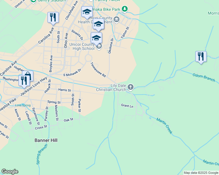 map of restaurants, bars, coffee shops, grocery stores, and more near 250 Harris Street in Erwin