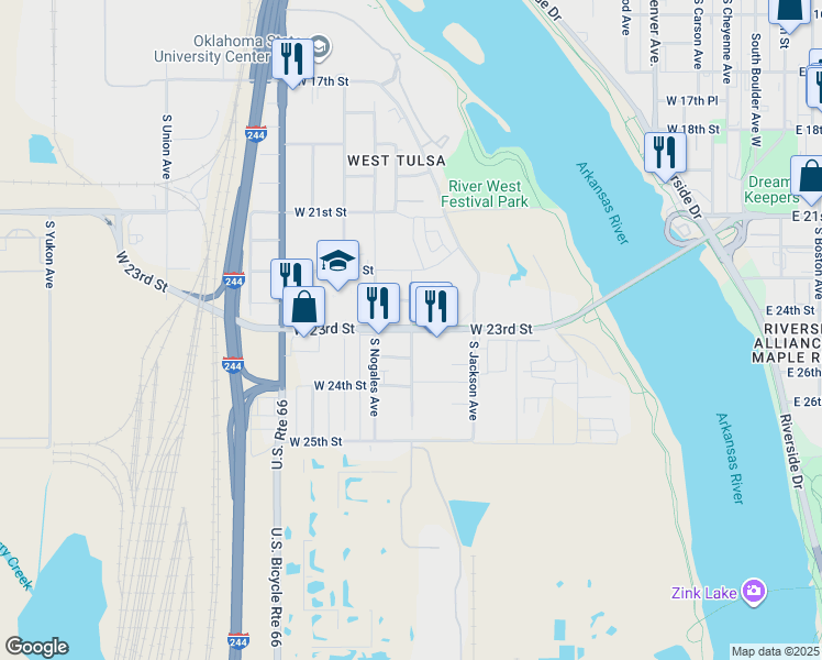map of restaurants, bars, coffee shops, grocery stores, and more near in Tulsa