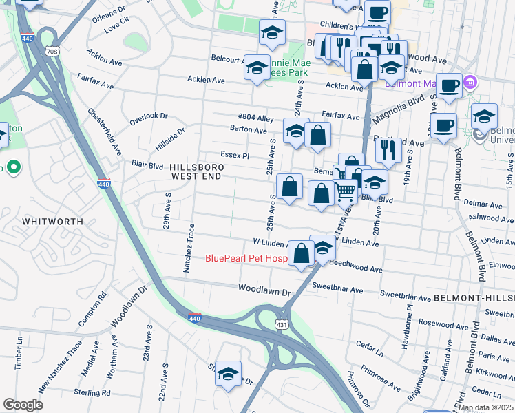 map of restaurants, bars, coffee shops, grocery stores, and more near 2507 Ashwood Avenue in Nashville