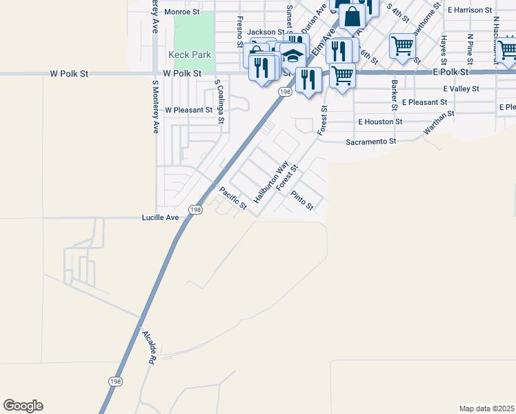 map of restaurants, bars, coffee shops, grocery stores, and more near 115 Cheney Lane in Coalinga