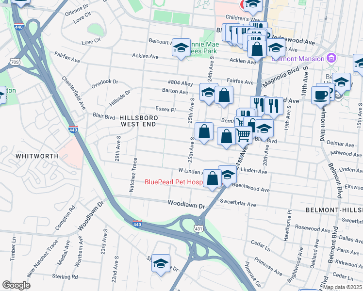 map of restaurants, bars, coffee shops, grocery stores, and more near 2507 Ashwood Avenue in Nashville