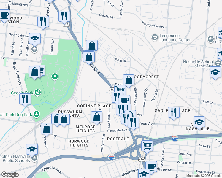 map of restaurants, bars, coffee shops, grocery stores, and more near 1921-1965 Nolensville Pike in Nashville