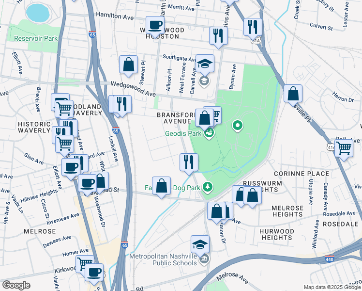 map of restaurants, bars, coffee shops, grocery stores, and more near 2141 Bransford Avenue in Nashville