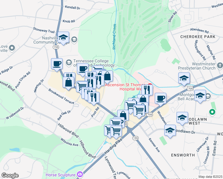 map of restaurants, bars, coffee shops, grocery stores, and more near 4487B Post Place in Nashville