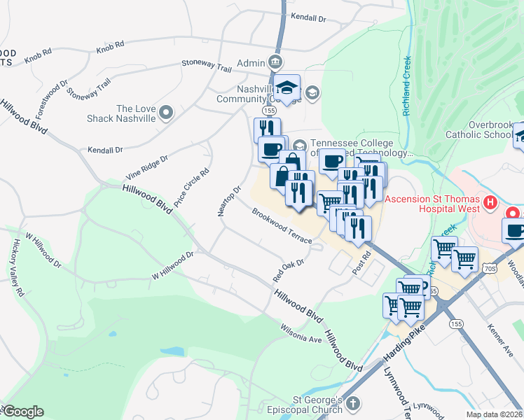 map of restaurants, bars, coffee shops, grocery stores, and more near 78 Brookwood Terrace in Nashville