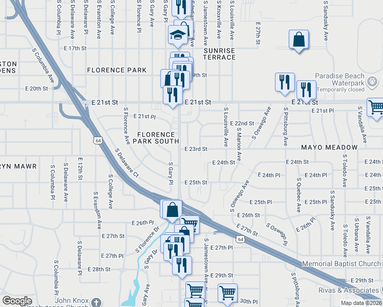 map of restaurants, bars, coffee shops, grocery stores, and more near 2240 South Indianapolis Avenue in Tulsa