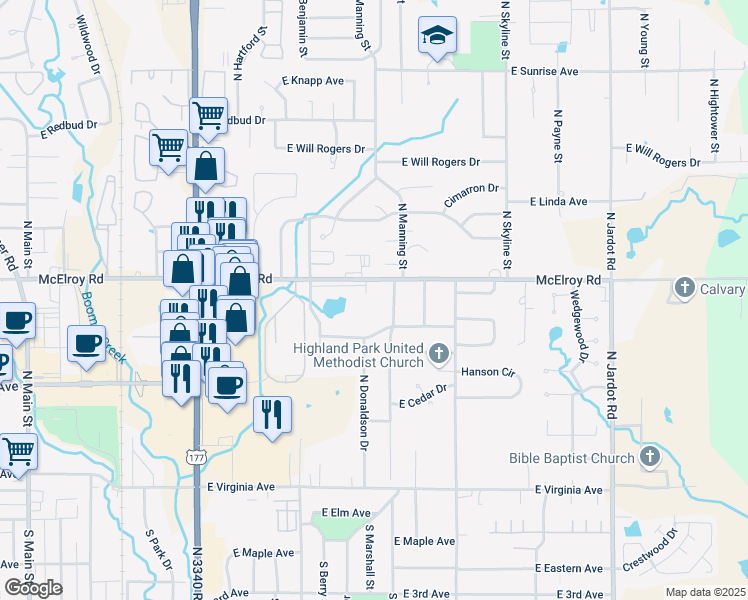 map of restaurants, bars, coffee shops, grocery stores, and more near 1112 East McElroy Road in Stillwater