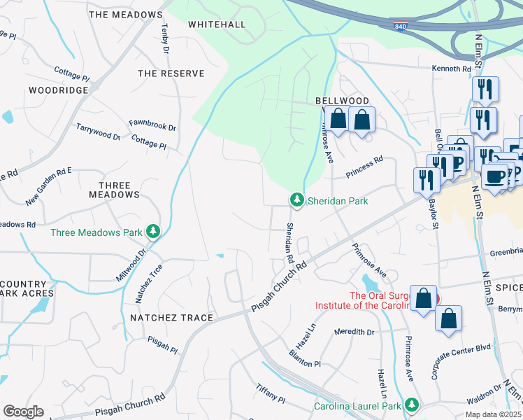 map of restaurants, bars, coffee shops, grocery stores, and more near 4009 Sheridan Road in Greensboro