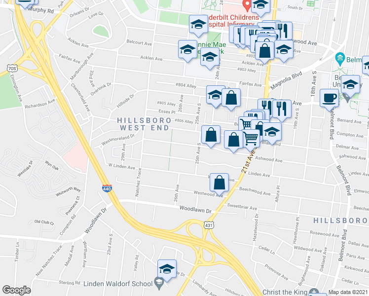 map of restaurants, bars, coffee shops, grocery stores, and more near 2509 Ashwood Avenue in Nashville