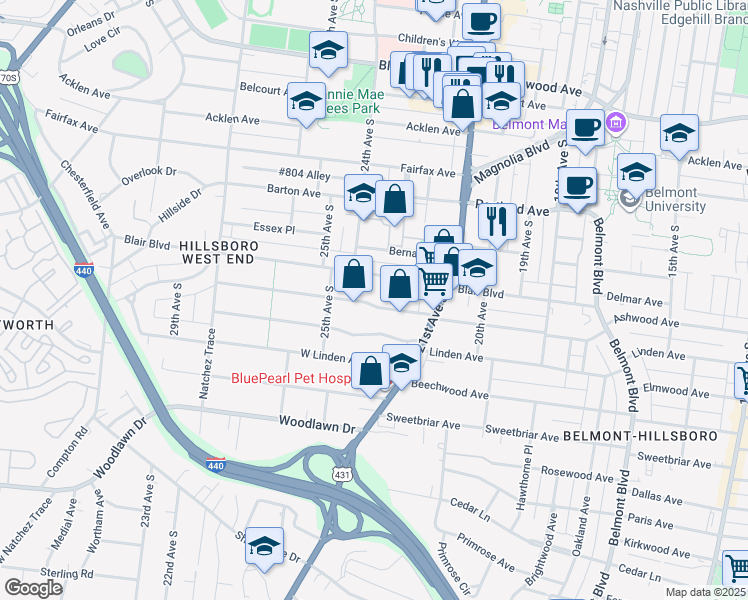 map of restaurants, bars, coffee shops, grocery stores, and more near 2133 Blair Boulevard in Nashville