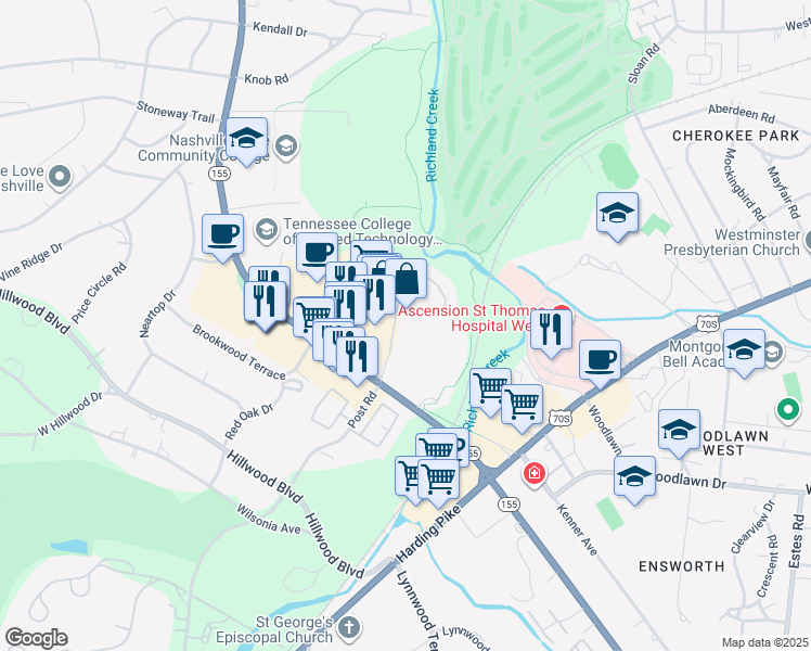 map of restaurants, bars, coffee shops, grocery stores, and more near 4487 Post Place in Nashville