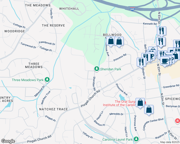 map of restaurants, bars, coffee shops, grocery stores, and more near 4008 Merton Road in Greensboro