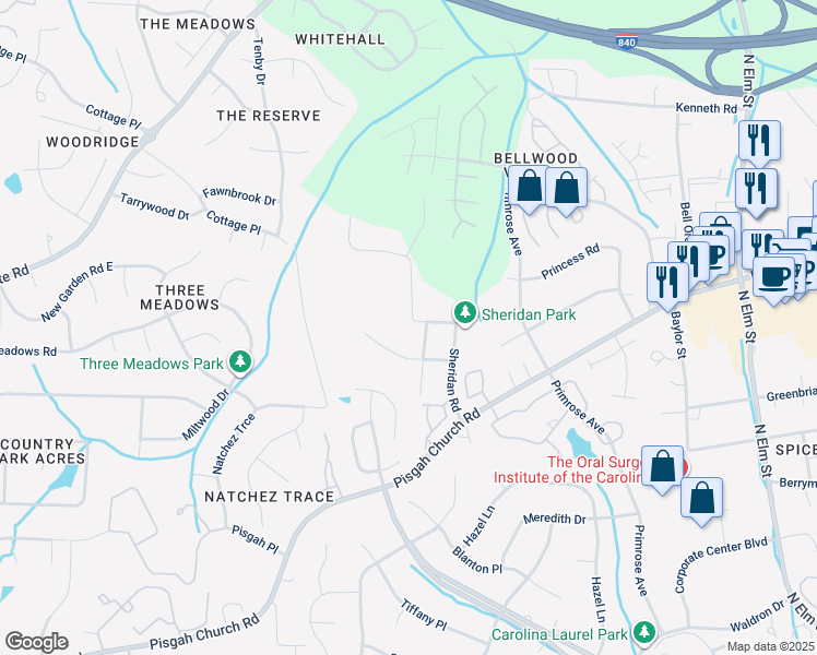 map of restaurants, bars, coffee shops, grocery stores, and more near 4009 Sheridan Road in Greensboro