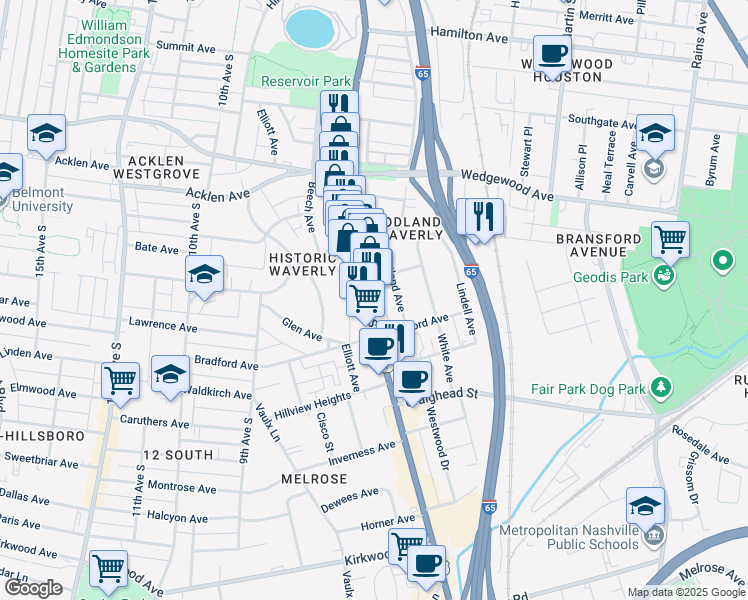 map of restaurants, bars, coffee shops, grocery stores, and more near 2200 8th Avenue South in Nashville