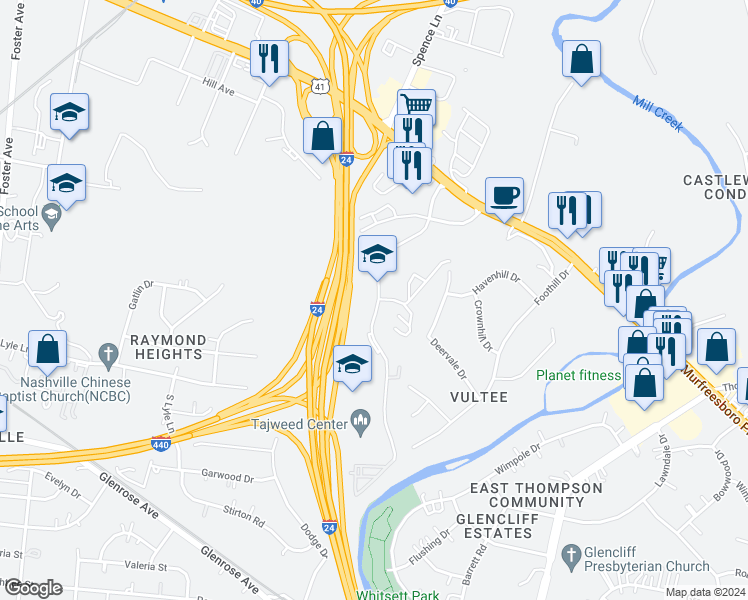 map of restaurants, bars, coffee shops, grocery stores, and more near 311 Plus Park Boulevard in Nashville