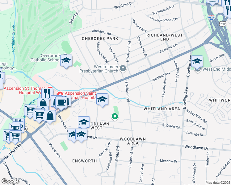 map of restaurants, bars, coffee shops, grocery stores, and more near 3909 Whitland Avenue in Nashville