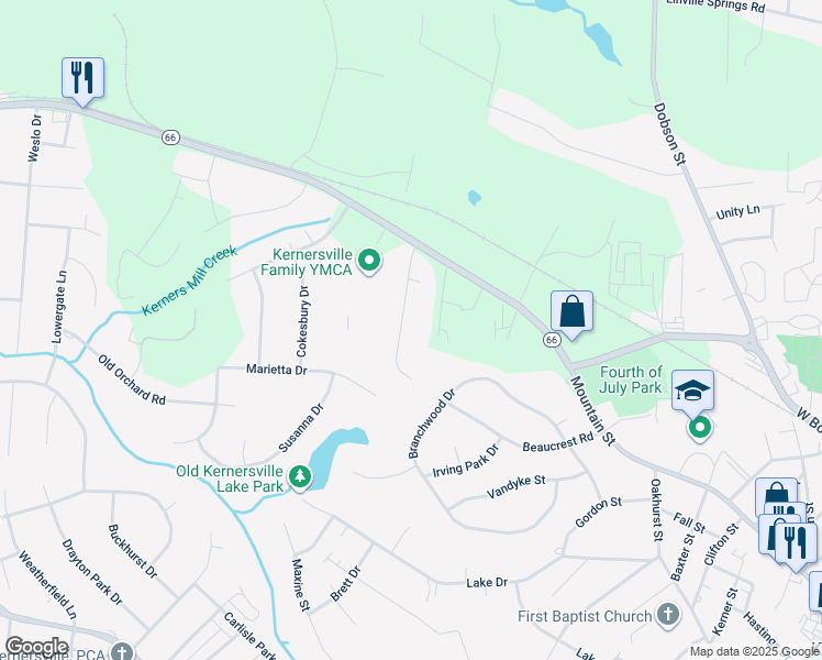 map of restaurants, bars, coffee shops, grocery stores, and more near 139 Oak Forest Drive in Kernersville