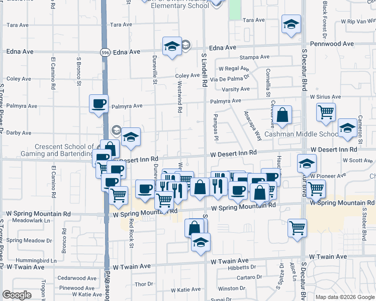 map of restaurants, bars, coffee shops, grocery stores, and more near 3260 Westwind Road in Las Vegas