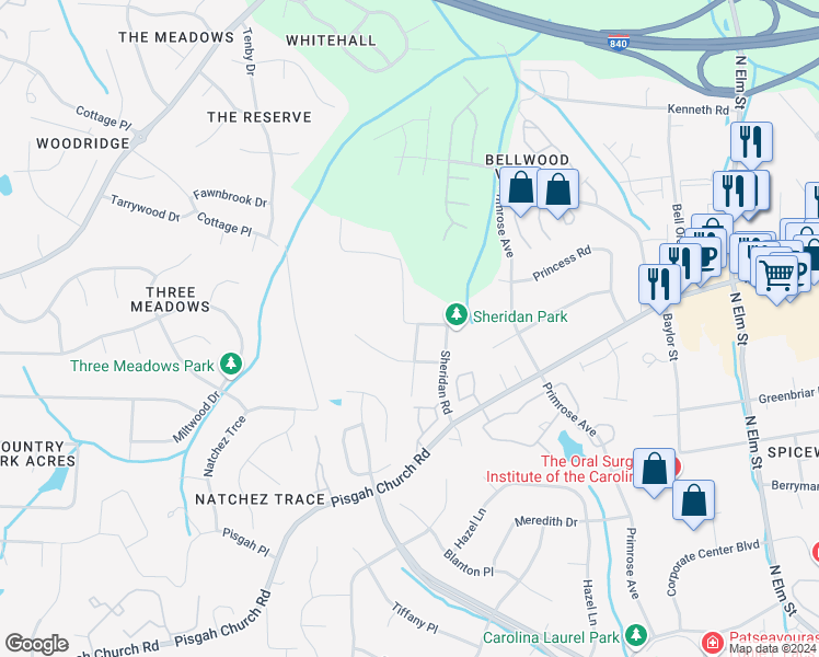 map of restaurants, bars, coffee shops, grocery stores, and more near 4012 Sheridan Road in Greensboro