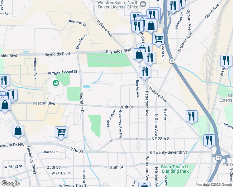map of restaurants, bars, coffee shops, grocery stores, and more near 3061 Greenway Avenue Northwest in Winston-Salem
