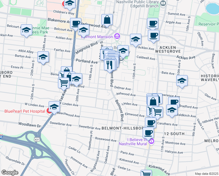 map of restaurants, bars, coffee shops, grocery stores, and more near 2101 Belmont Boulevard in Nashville