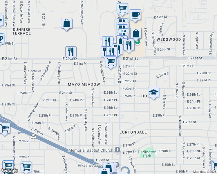 map of restaurants, bars, coffee shops, grocery stores, and more near 4727 East 23rd Street in Tulsa