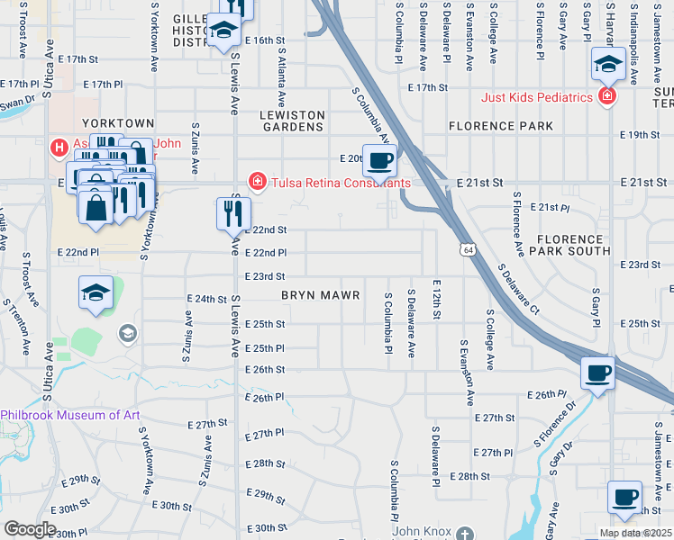 map of restaurants, bars, coffee shops, grocery stores, and more near 2610 East 22nd Place in Tulsa