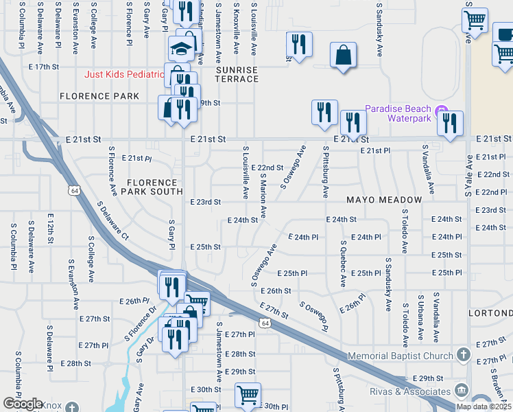 map of restaurants, bars, coffee shops, grocery stores, and more near 3714 East 23rd Street in Tulsa